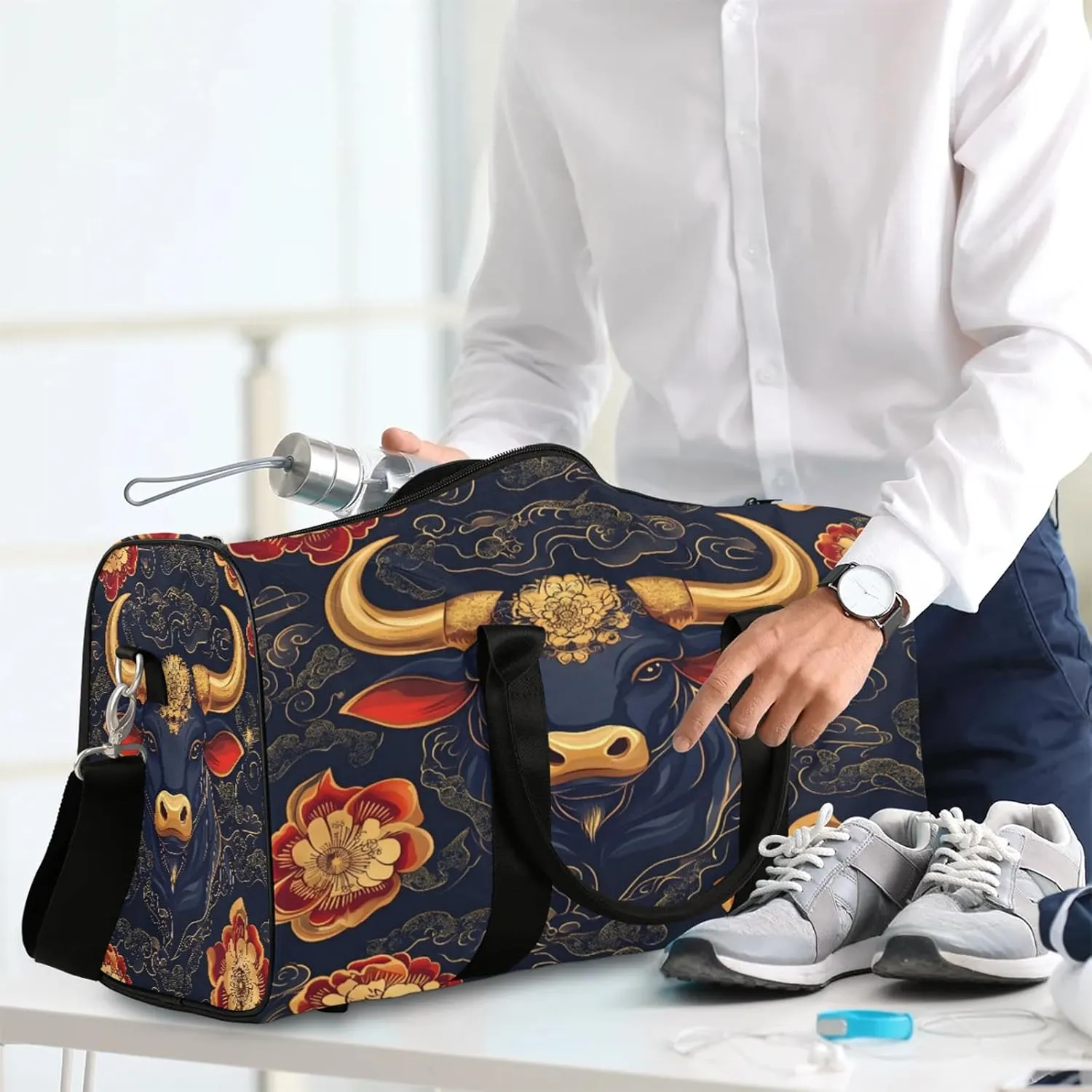 Boho Duffle Bag for Travel, Overnight Weekend Gym Carry On Luggage Bag, Bull Cow Travel Duffel Bag for Men Women
