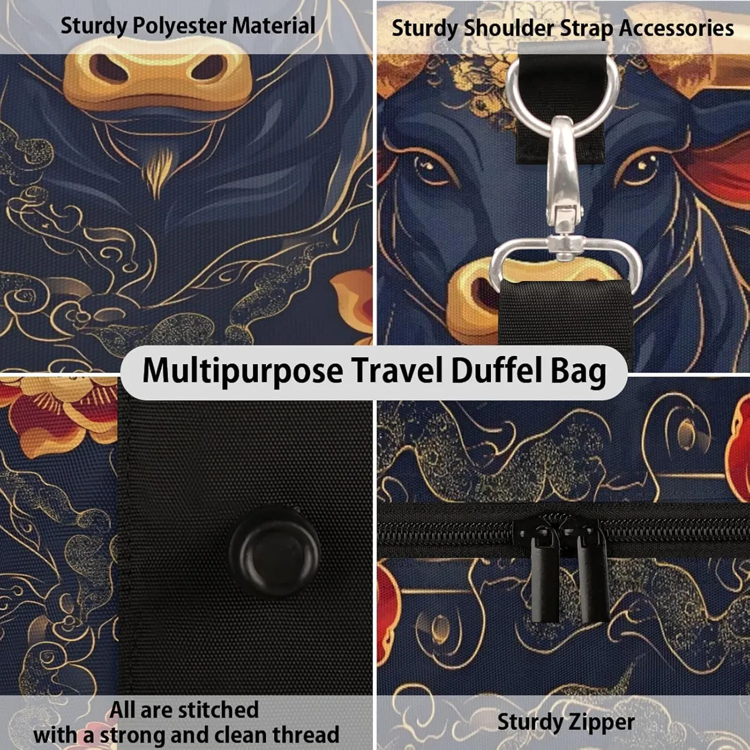 Boho Duffle Bag for Travel, Overnight Weekend Gym Carry On Luggage Bag, Bull Cow Travel Duffel Bag for Men Women