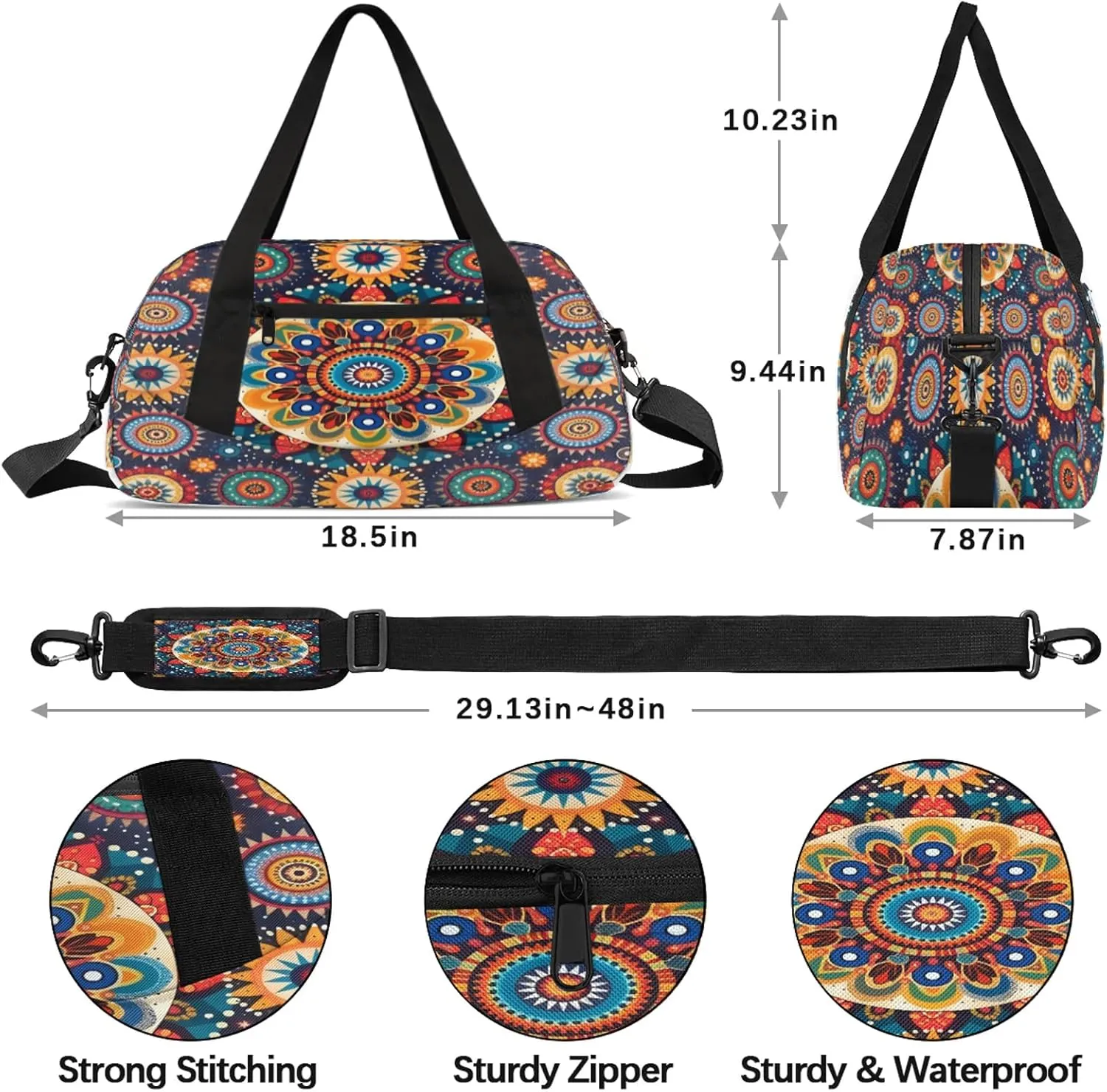 Boho Mandala Kids Duffel Bag Lightweight Waterproof Sports Gym Bag with Front Zipper Pocket Foldable Weekender Overnight Bag for School Practice Gymnastic Ballet
