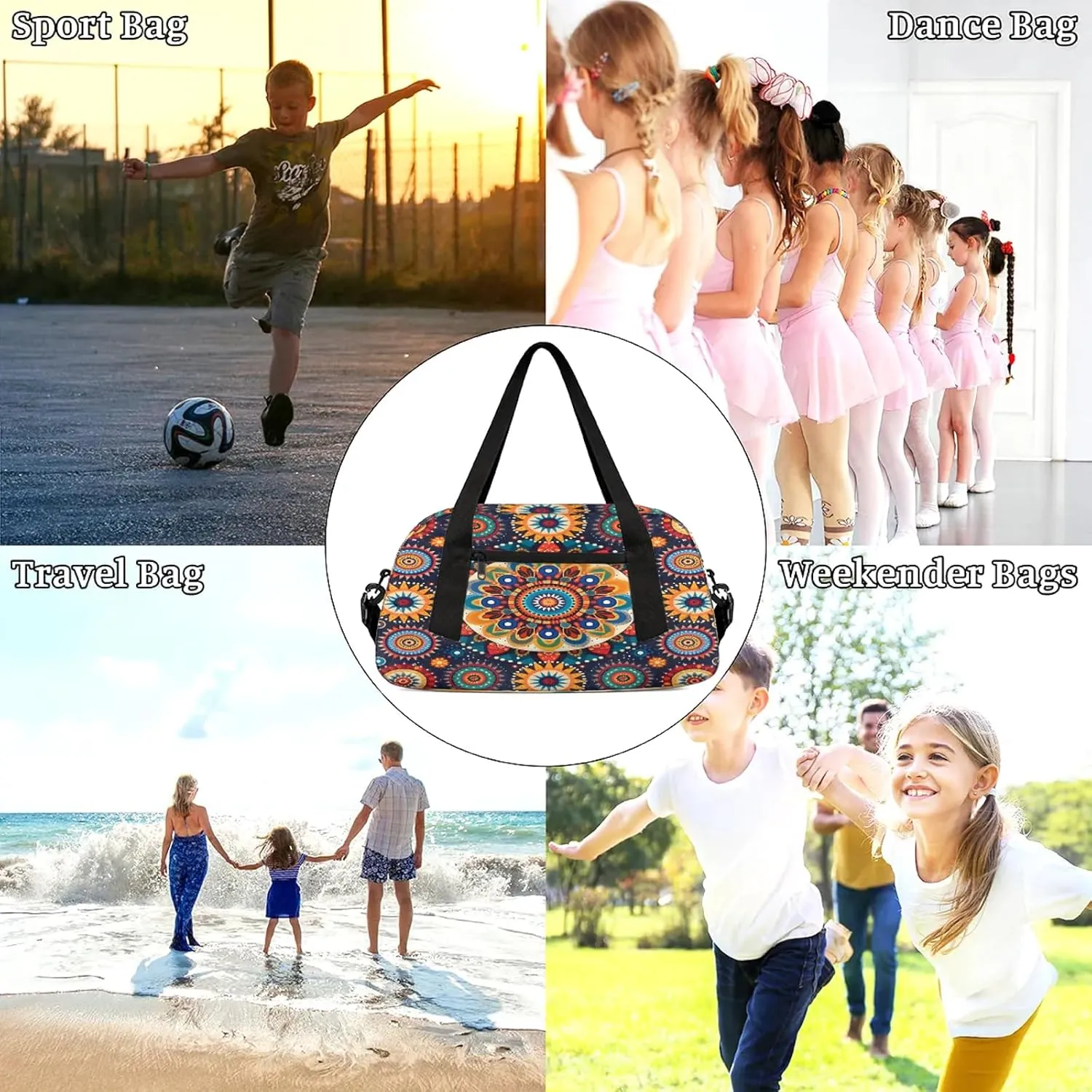 Boho Mandala Kids Duffel Bag Lightweight Waterproof Sports Gym Bag with Front Zipper Pocket Foldable Weekender Overnight Bag for School Practice Gymnastic Ballet