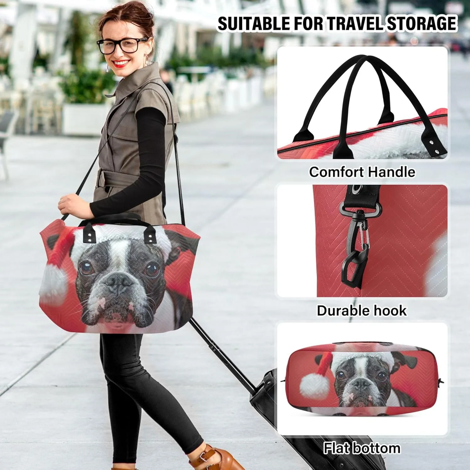 Boston Terrier Dog Santa Hat Duffel Bag for Travel Cosmetic Bag Set of 2, Funny Tote Gym Bag Weekender Bag