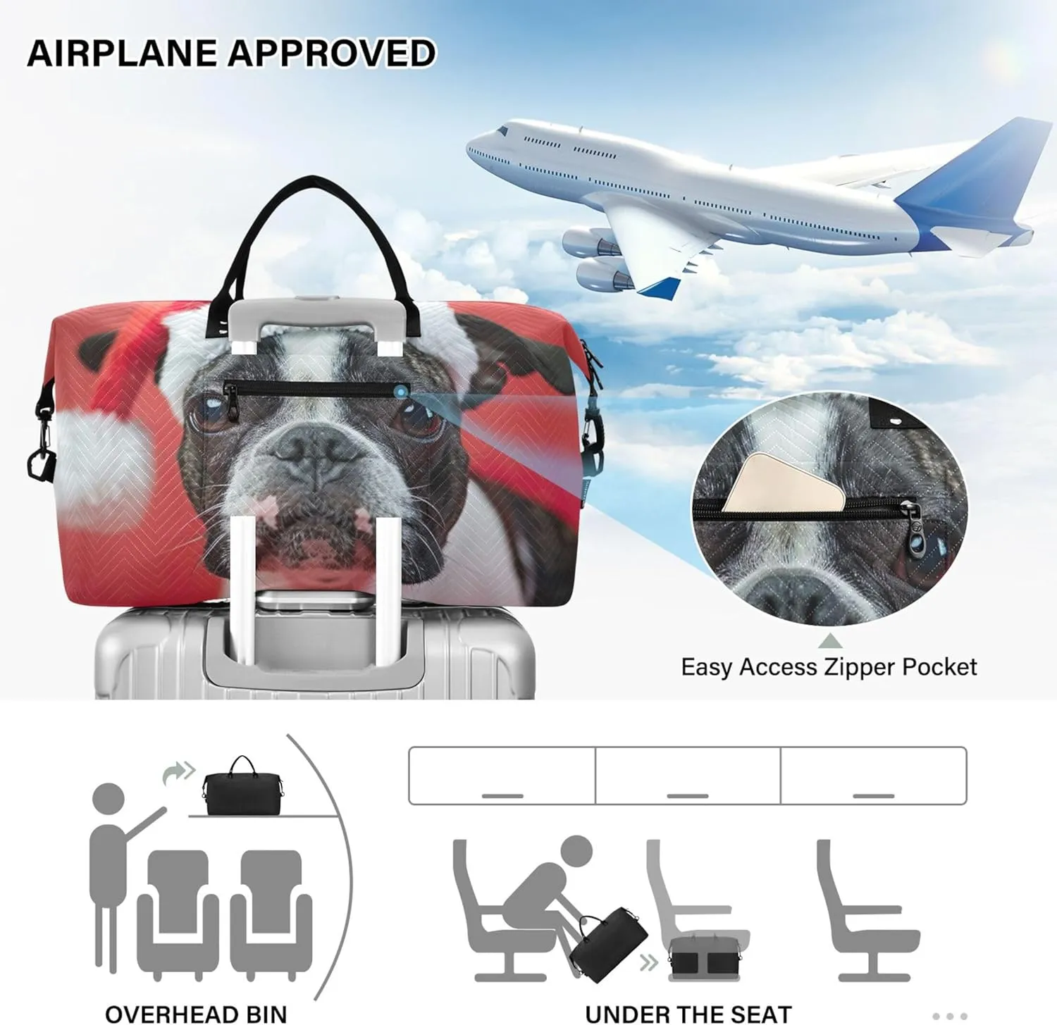 Boston Terrier Dog Santa Hat Duffel Bag for Travel Cosmetic Bag Set of 2, Funny Tote Gym Bag Weekender Bag