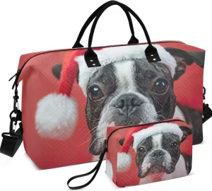 Boston Terrier Dog Santa Hat Duffel Bag for Travel Cosmetic Bag Set of 2, Funny Tote Gym Bag Weekender Bag