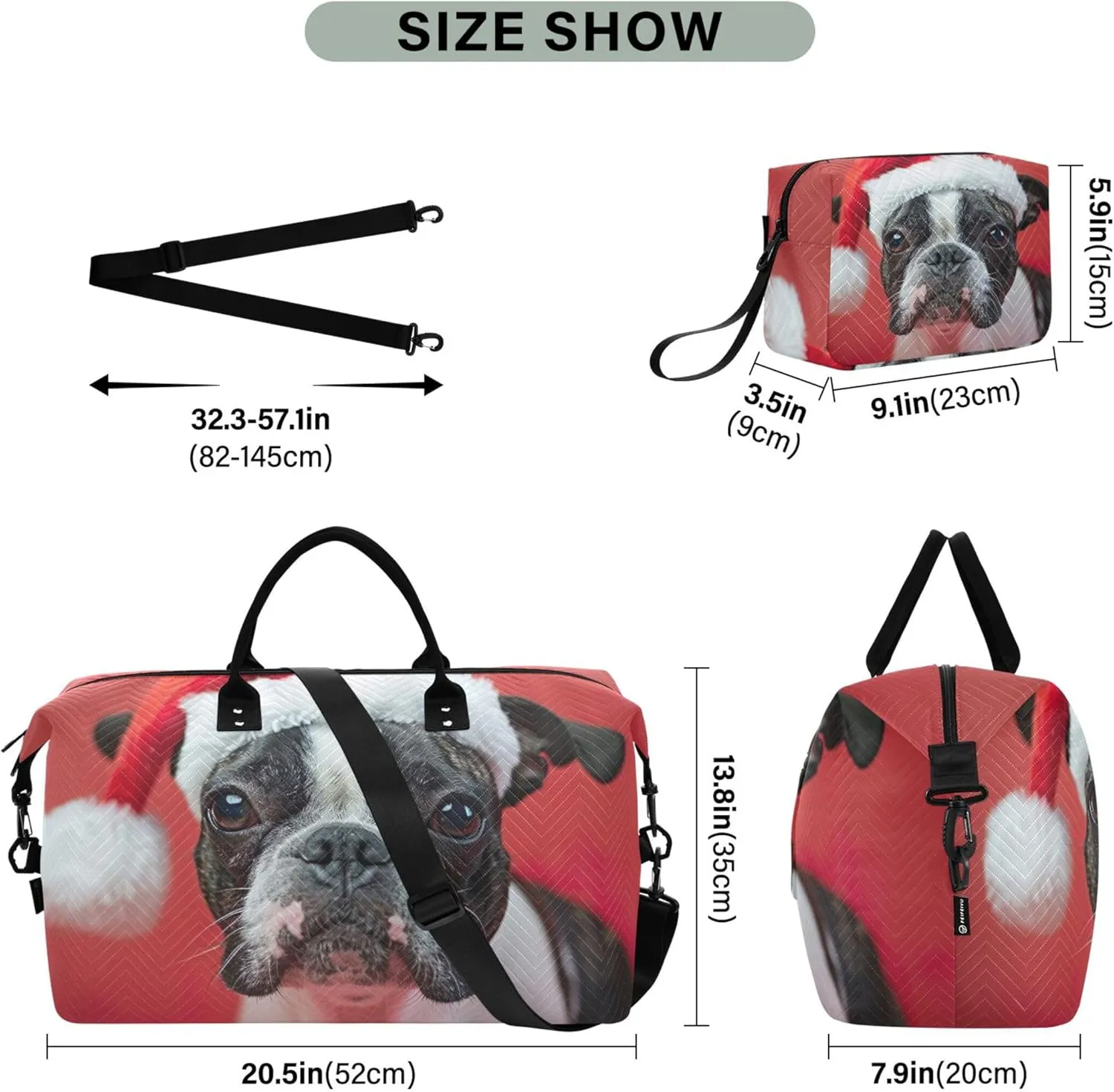 Boston Terrier Dog Santa Hat Duffel Bag for Travel Cosmetic Bag Set of 2, Funny Tote Gym Bag Weekender Bag