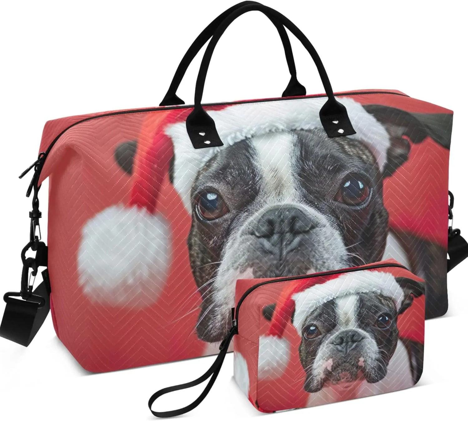 Boston Terrier Dog Santa Hat Duffel Bag for Travel Cosmetic Bag Set of 2, Funny Tote Gym Bag Weekender Bag