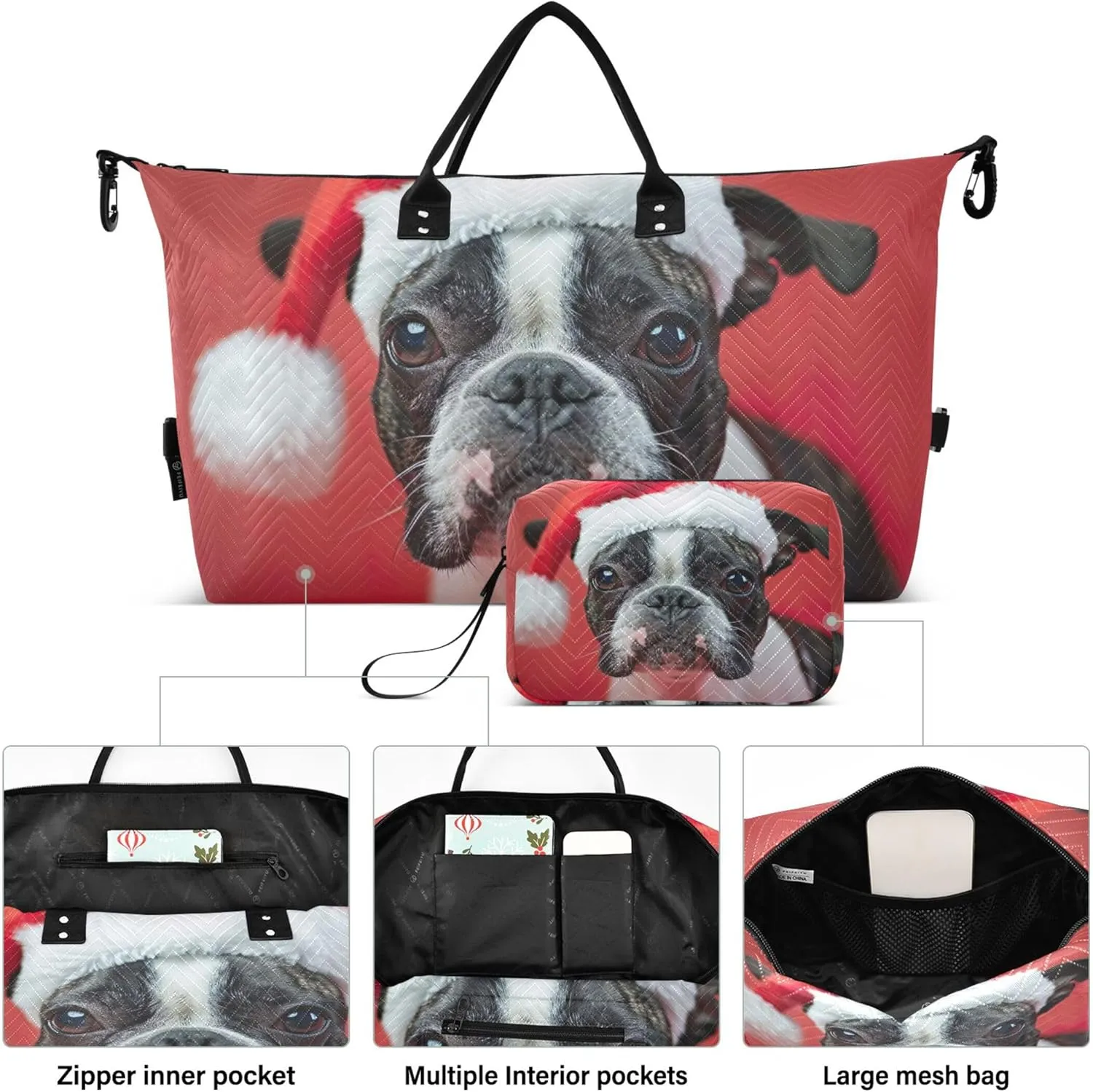 Boston Terrier Dog Santa Hat Duffel Bag for Travel Cosmetic Bag Set of 2, Funny Tote Gym Bag Weekender Bag