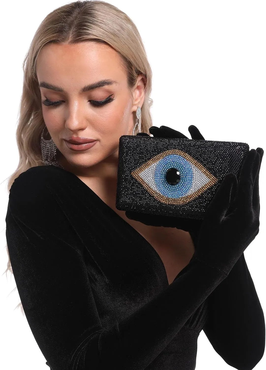 Boutique De FGG Evil Eye Rhinestone Clutch Purses for Women Formal Evening Bags Party Crystal Clutch Bag Prom Handbag,Mini