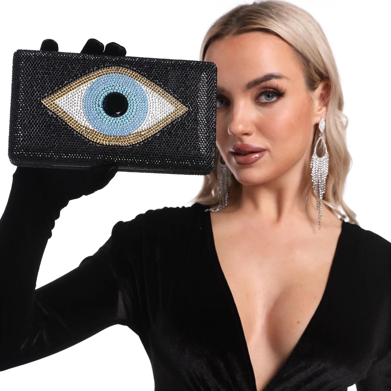 Boutique De FGG Evil Eye Rhinestone Clutch Purses for Women Formal Evening Bags Party Crystal Clutch Bag Prom Handbag,Mini