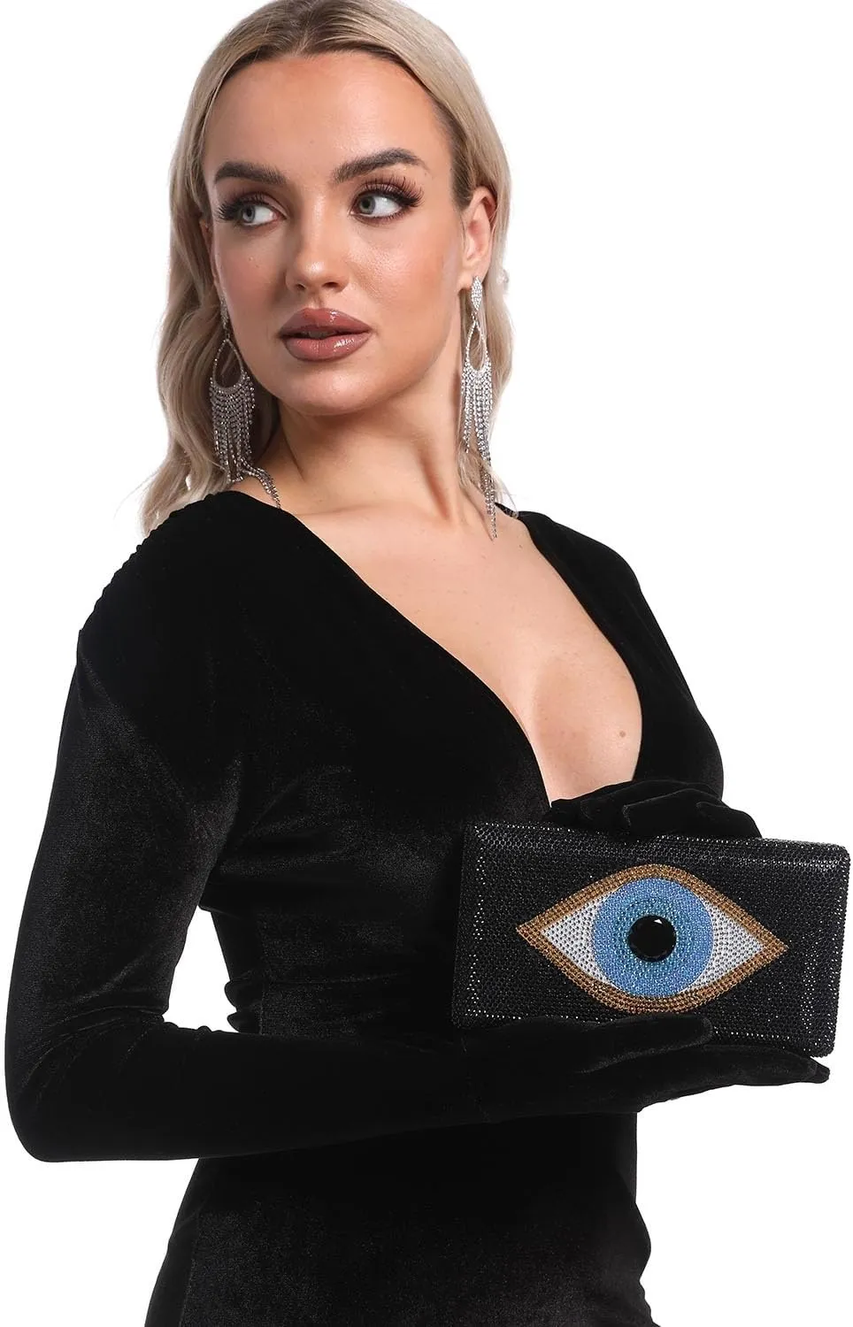 Boutique De FGG Evil Eye Rhinestone Clutch Purses for Women Formal Evening Bags Party Crystal Clutch Bag Prom Handbag,Mini