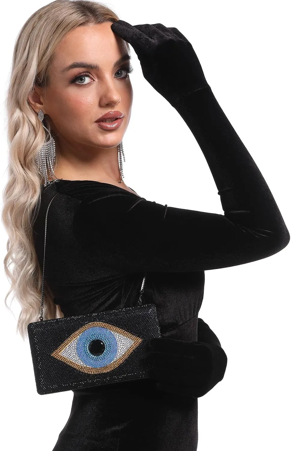 Boutique De FGG Evil Eye Rhinestone Clutch Purses for Women Formal Evening Bags Party Crystal Clutch Bag Prom Handbag,Mini