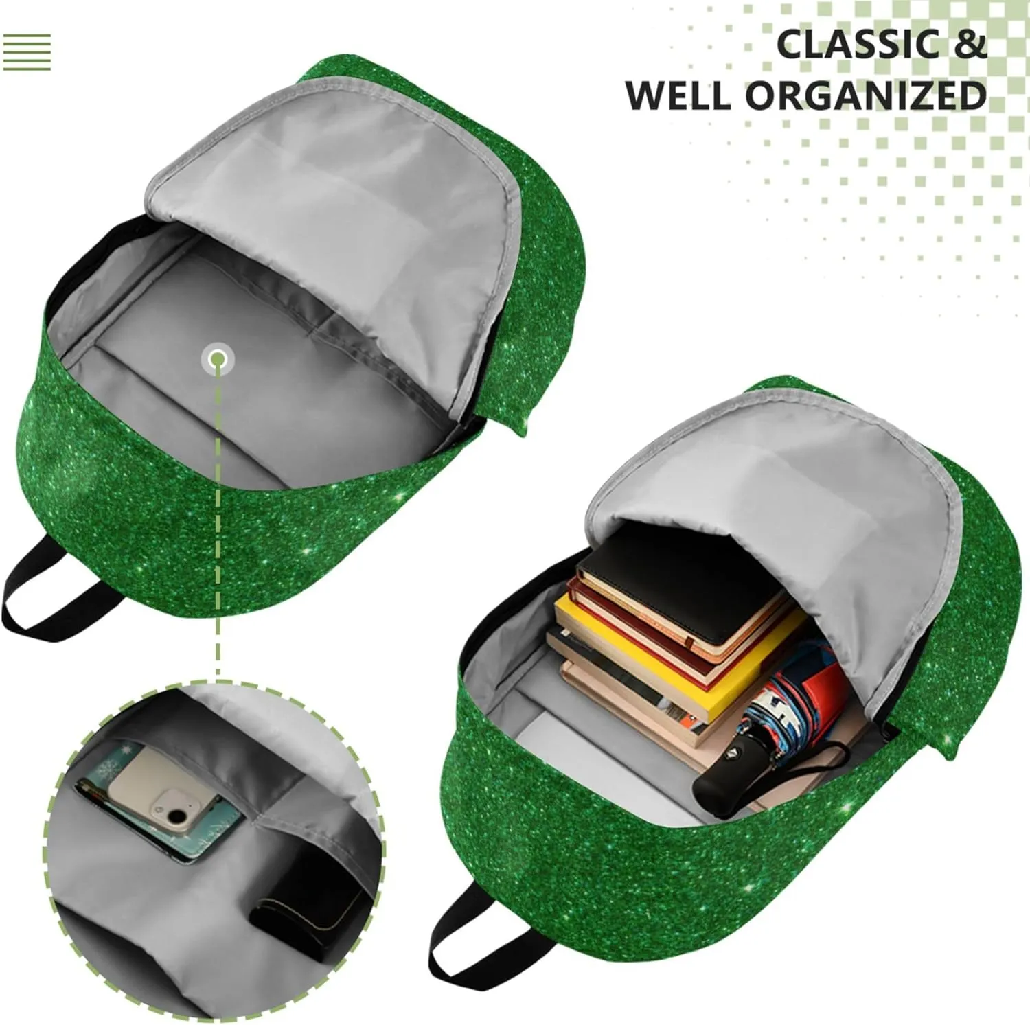 Bright Casual Daypack Backpack for Women Green Glitter Personalized Gifts Teen College Bookbag