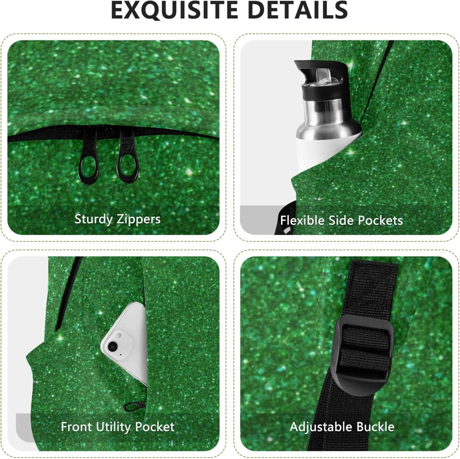 Bright Casual Daypack Backpack for Women Green Glitter Personalized Gifts Teen College Bookbag