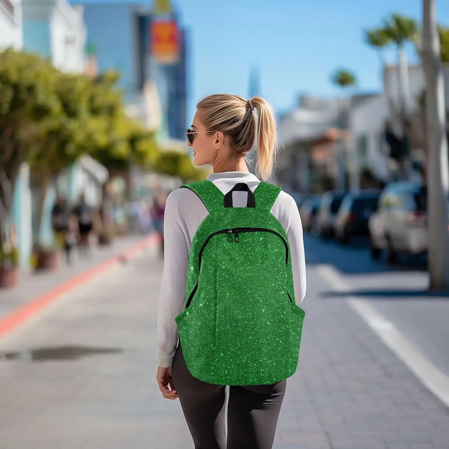 Bright Casual Daypack Backpack for Women Green Glitter Personalized Gifts Teen College Bookbag