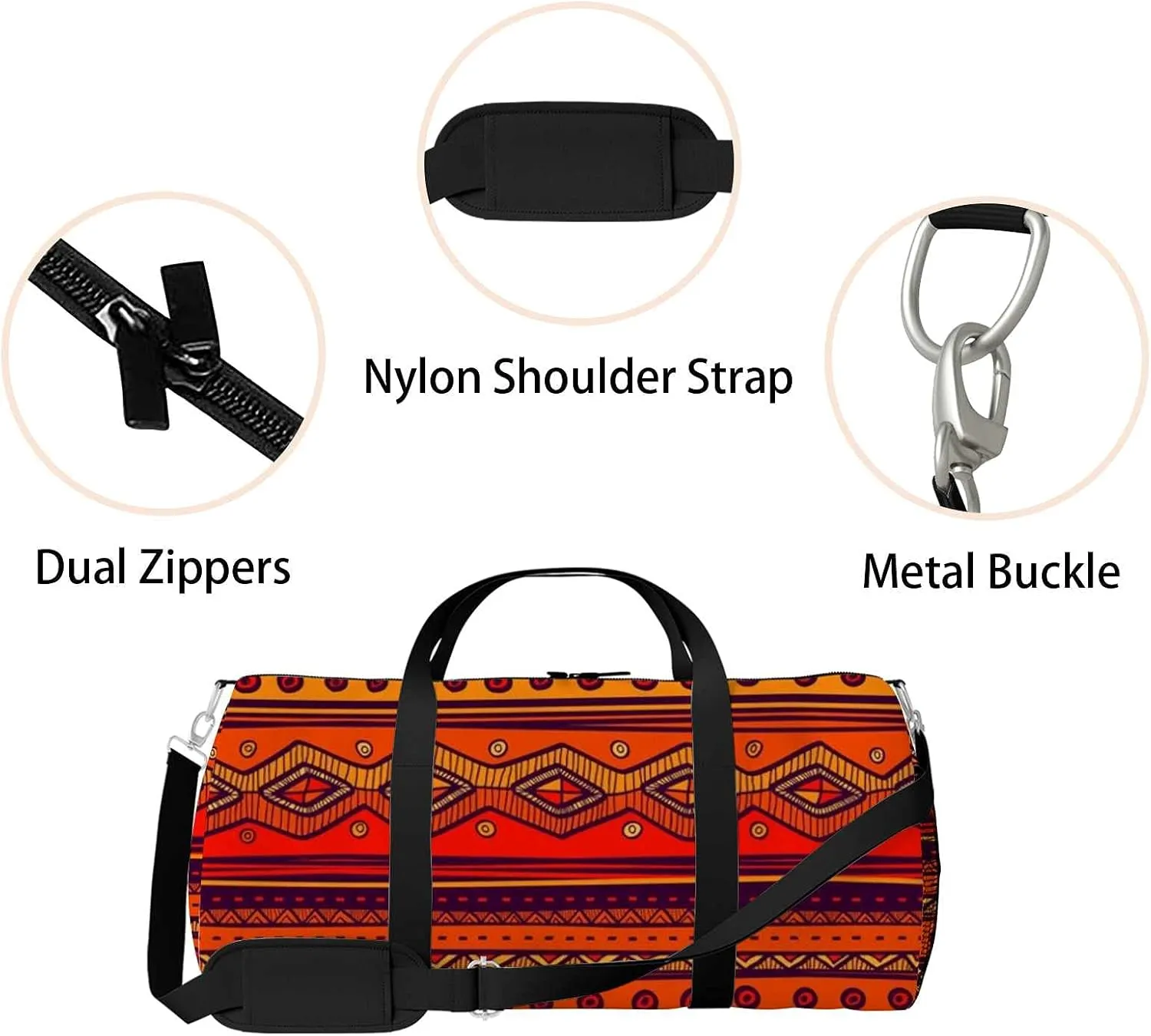 Bright Ethnic Tribal Style Sports Duffel Bag Travel Gym Tote Bags Lightweight Durable Shoulder Strap Waterproof Polyester Outside Mesh Pocket Overnight Trip Duffel Bag for Women Men