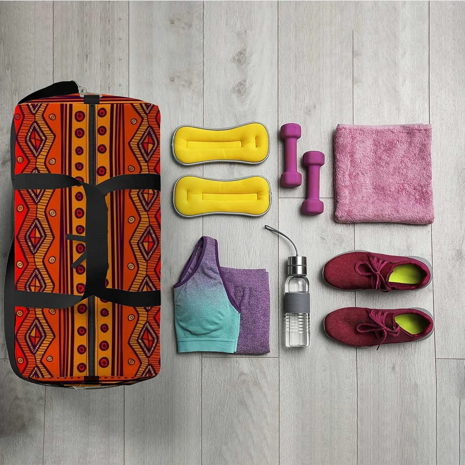 Bright Ethnic Tribal Style Sports Duffel Bag Travel Gym Tote Bags Lightweight Durable Shoulder Strap Waterproof Polyester Outside Mesh Pocket Overnight Trip Duffel Bag for Women Men