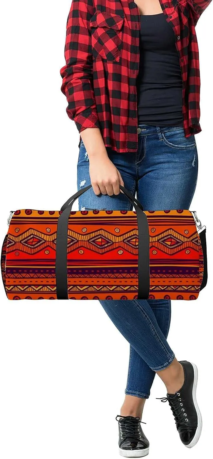 Bright Ethnic Tribal Style Sports Duffel Bag Travel Gym Tote Bags Lightweight Durable Shoulder Strap Waterproof Polyester Outside Mesh Pocket Overnight Trip Duffel Bag for Women Men