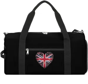 British Flag in Heart Shape Gym Bag Travel Duffel Bag Sports Tote Bag Workout Bag Weekender Bag for Women Men