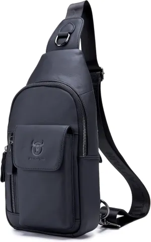 BULLCAPTAIN Men Genuine Leather Shoulder Sling Bag Daypack Casual Multi- pocket Crossbody Chest Bag Travel Hiking Backpacks (Black)