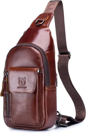 BULLCAPTAIN Men Genuine Leather Shoulder Sling Bag Daypack Casual Multi- pocket Crossbody Chest Bag Travel Hiking Backpacks (Brown)
