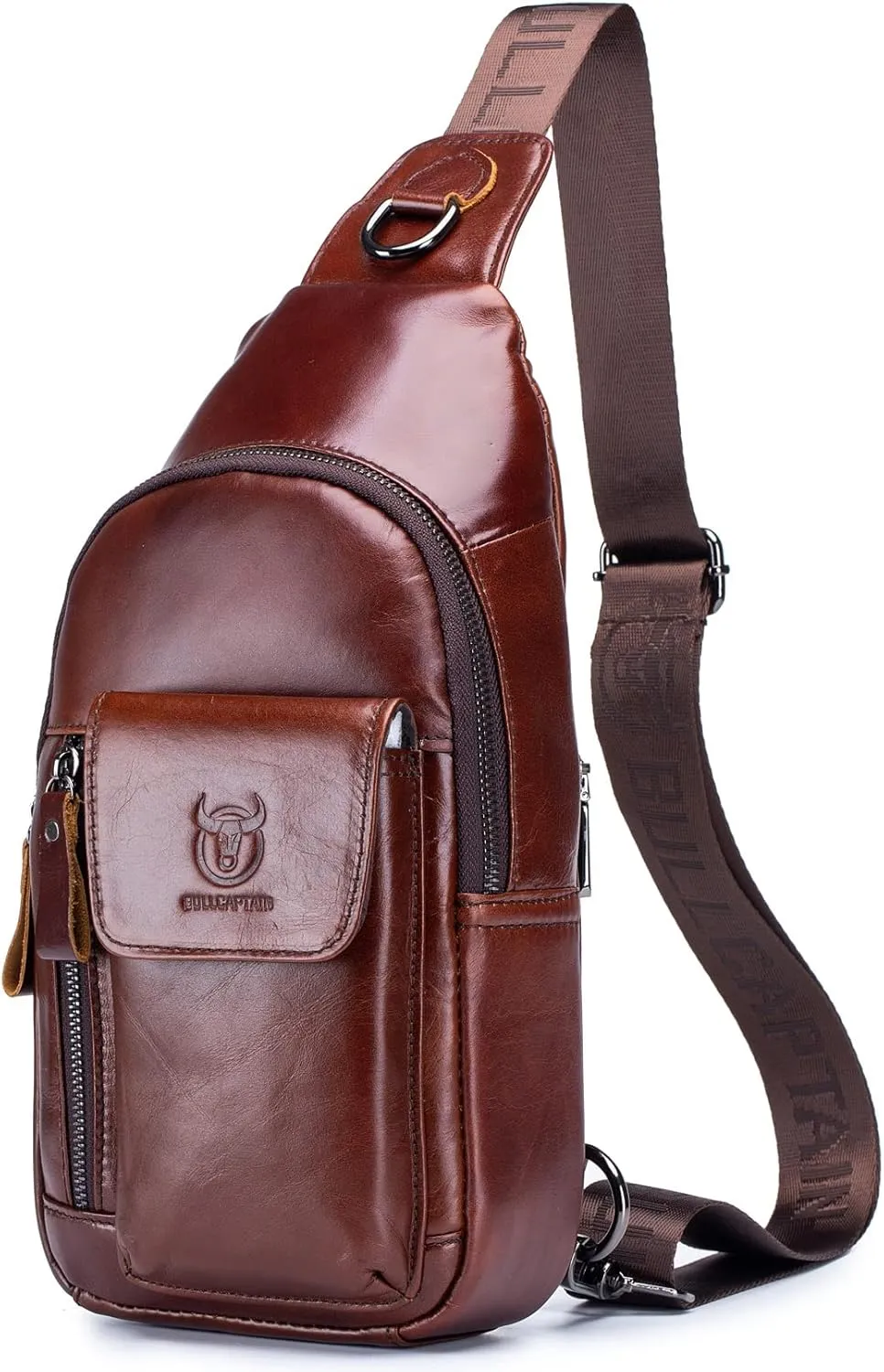 BULLCAPTAIN Men Genuine Leather Shoulder Sling Bag Daypack Casual Multi- pocket Crossbody Chest Bag Travel Hiking Backpacks (Brown)