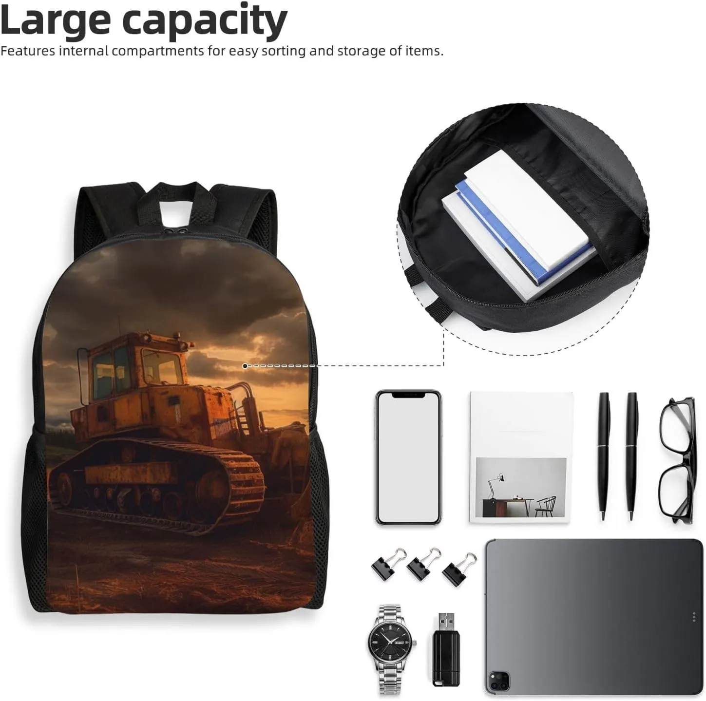 Bulldozer Evening Backpack Waterproof Large Capacity Travel Laptop Backpack Casual Daypack For Men Women