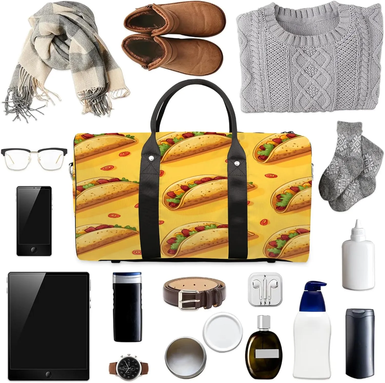 Burritos Print Duffle Bag for Travel, Overnight Weekend Gym Carry On Luggage Bag, Pancake Travel Duffel Bag for Men Women