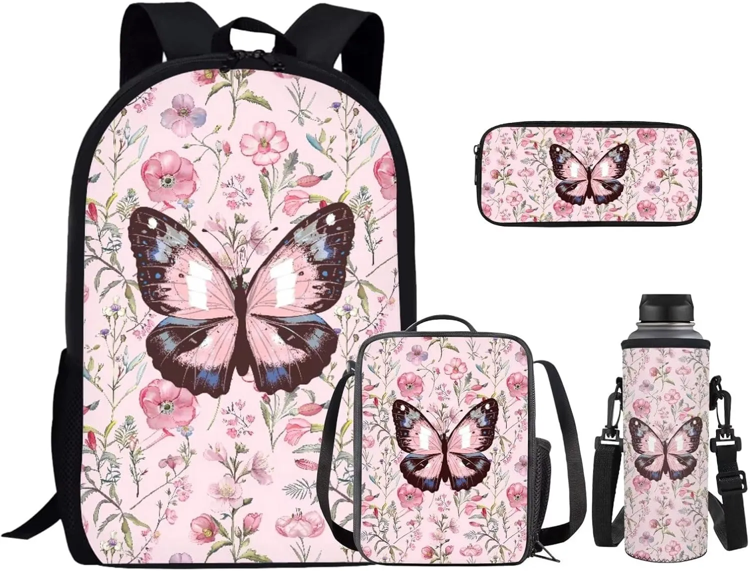 Butterfly Floral 4 Piece School Backpack Set with Lunch Box Pencil Case and Water Bottle Case Cover School Backpacks School Backpacks for Girls for Preschool Elementary School Students