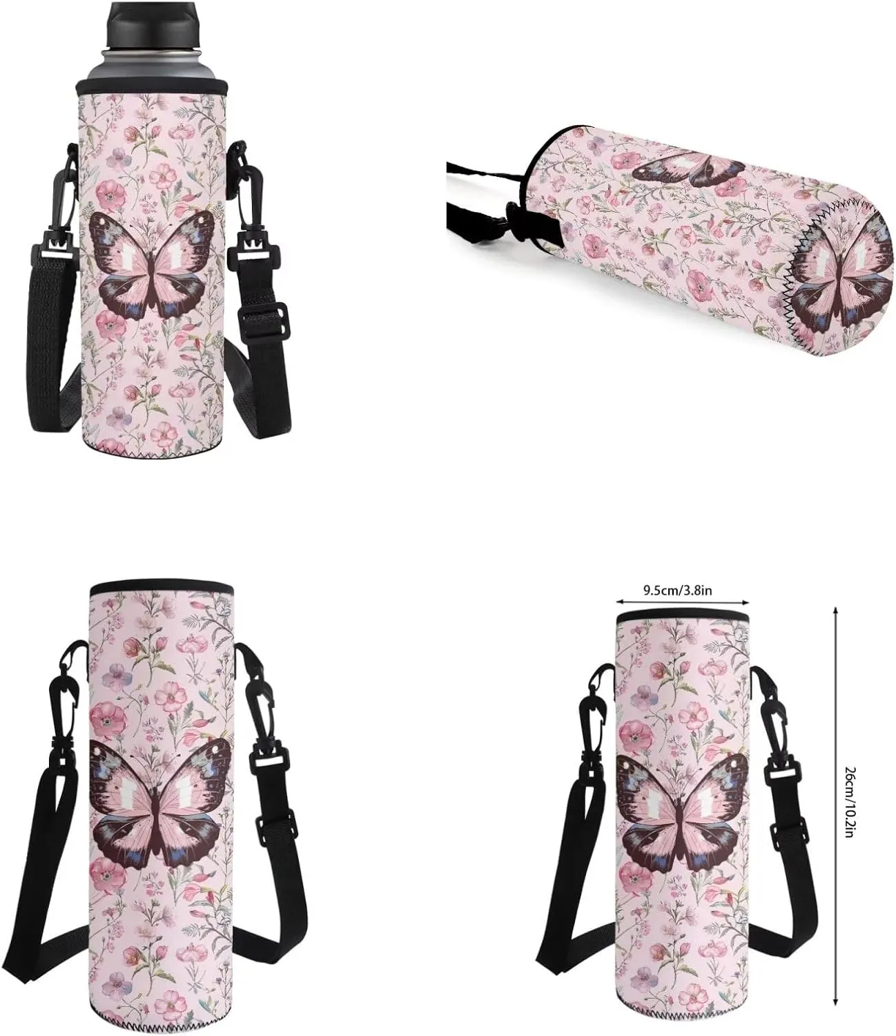 Butterfly Floral 4 Piece School Backpack Set with Lunch Box Pencil Case and Water Bottle Case Cover School Backpacks School Backpacks for Girls for Preschool Elementary School Students