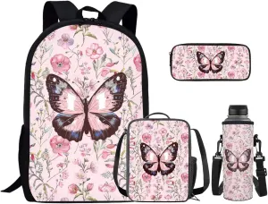 Butterfly Floral 4 Piece School Backpack Set with Lunch Box Pencil Case and Water Bottle Case Cover School Backpacks School Backpacks for Girls for Preschool Elementary School Students