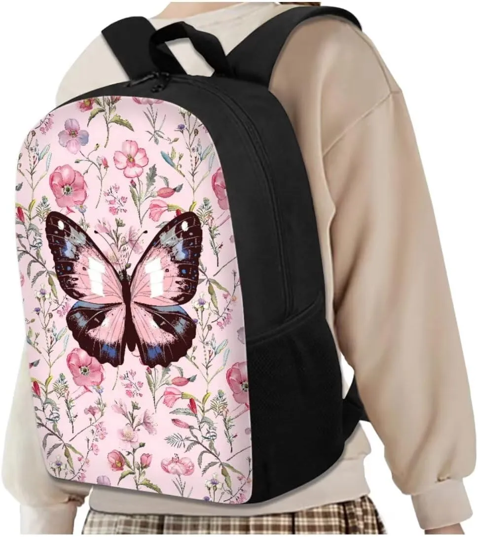 Butterfly Floral 4 Piece School Backpack Set with Lunch Box Pencil Case and Water Bottle Case Cover School Backpacks School Backpacks for Girls for Preschool Elementary School Students