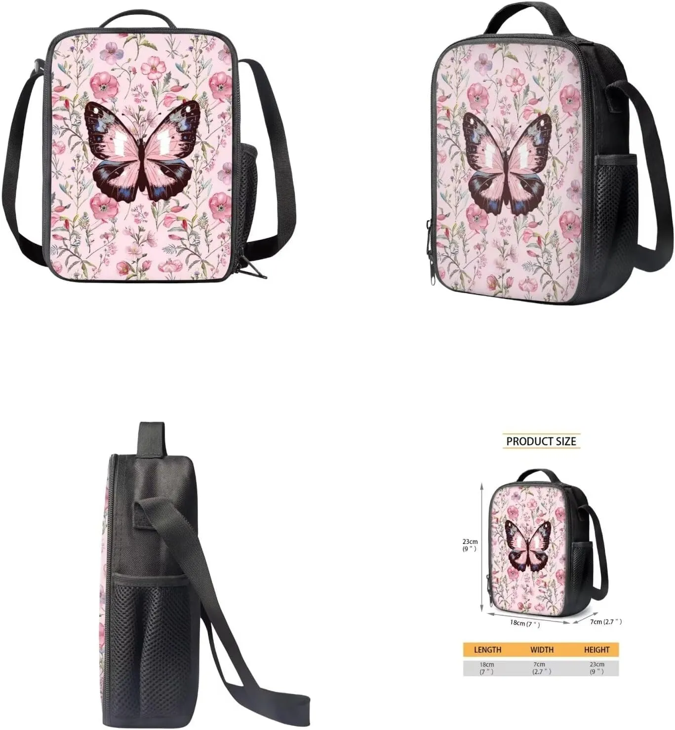 Butterfly Floral 4 Piece School Backpack Set with Lunch Box Pencil Case and Water Bottle Case Cover School Backpacks School Backpacks for Girls for Preschool Elementary School Students