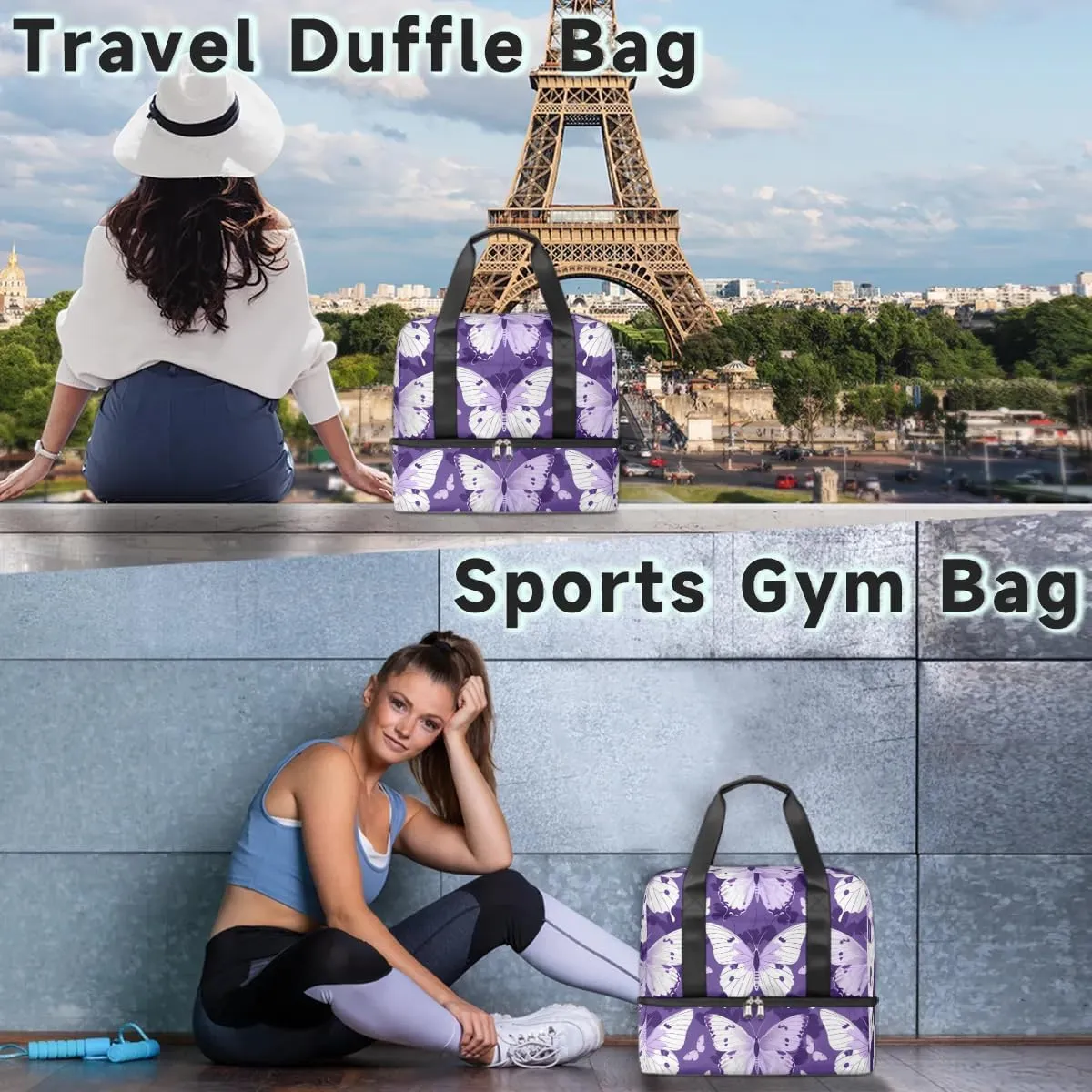 Butterfly Prints Travel Duffel Bag Dry Wet Separated Sports Tote Travel Duffle Bag Gym Workout Bag Women Travel Duffel Bag for Women, Travel, Gym, Work