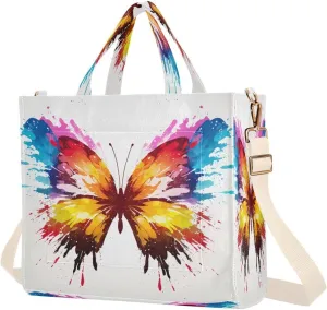 Butterfly Rainbow Corduroy Tote Bag for Women Messenger Totes with Adjustable Detachable Strap and Pockets for Casual Shopping
