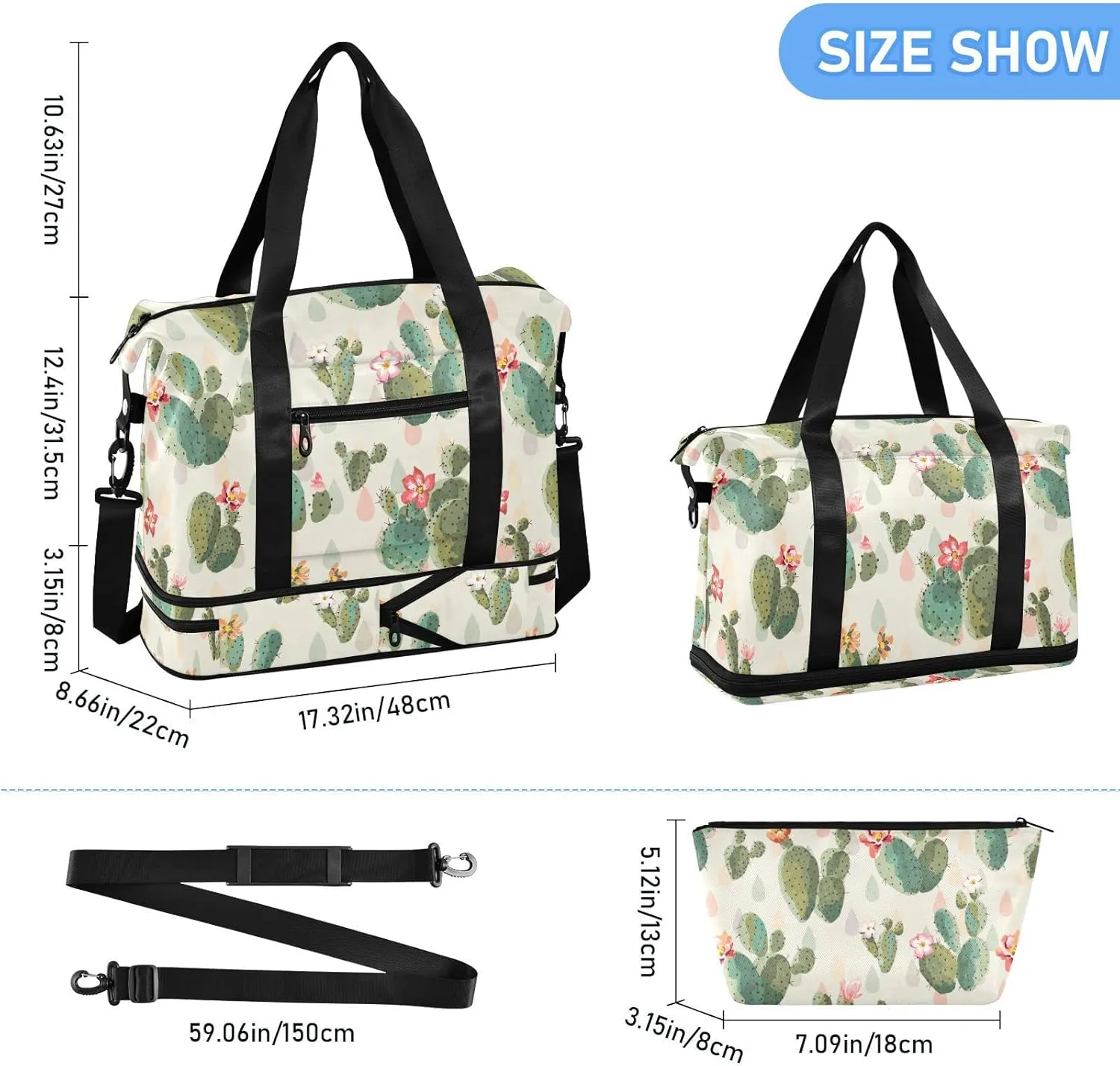 Cactus Flowers Sport Travel Duffel Bag for Women Men Gym Bag with Shoe Compartment Wet Pocket Carry On Weekender Overnight Bags for Travel Hospital Gym
