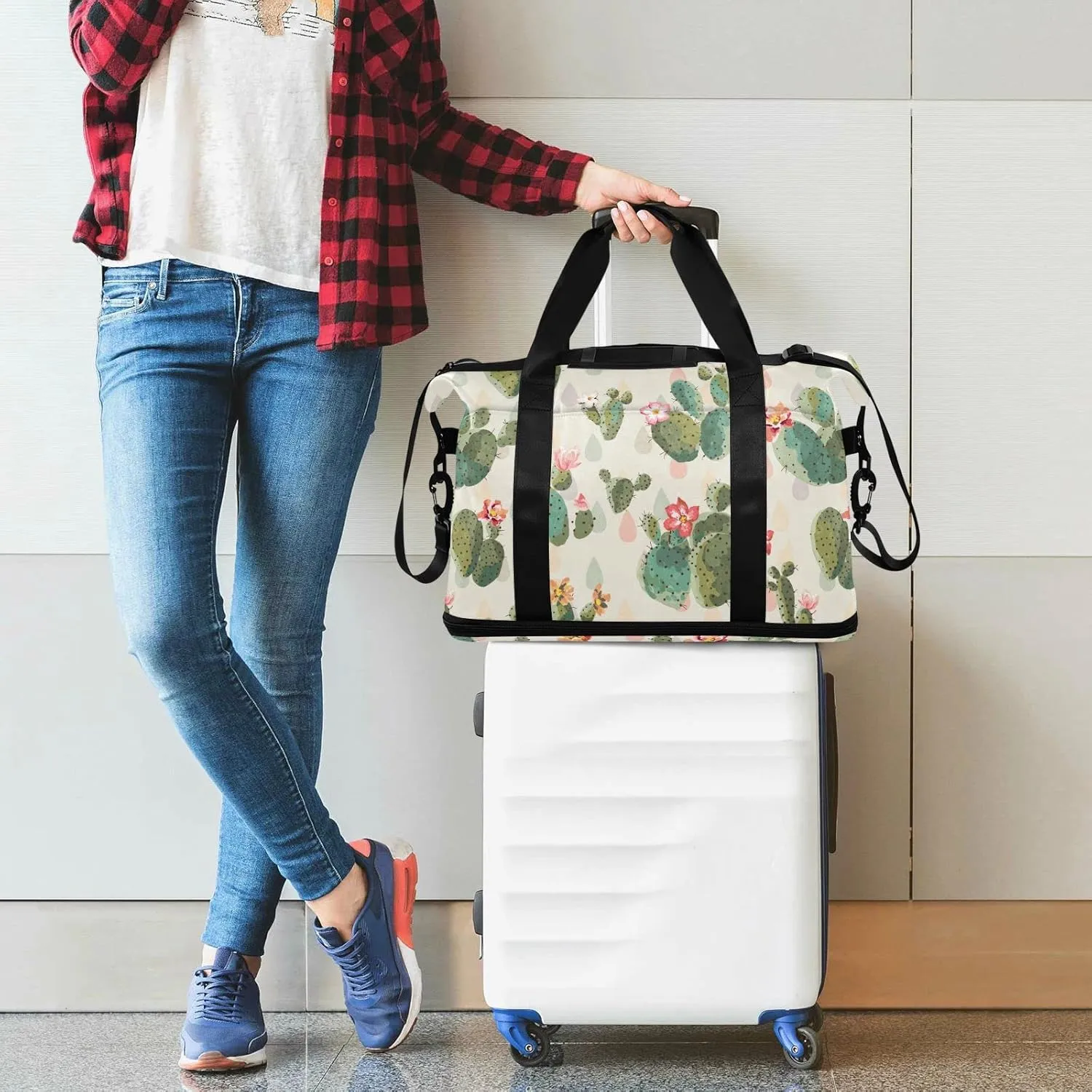 Cactus Flowers Sport Travel Duffel Bag for Women Men Gym Bag with Shoe Compartment Wet Pocket Carry On Weekender Overnight Bags for Travel Hospital Gym