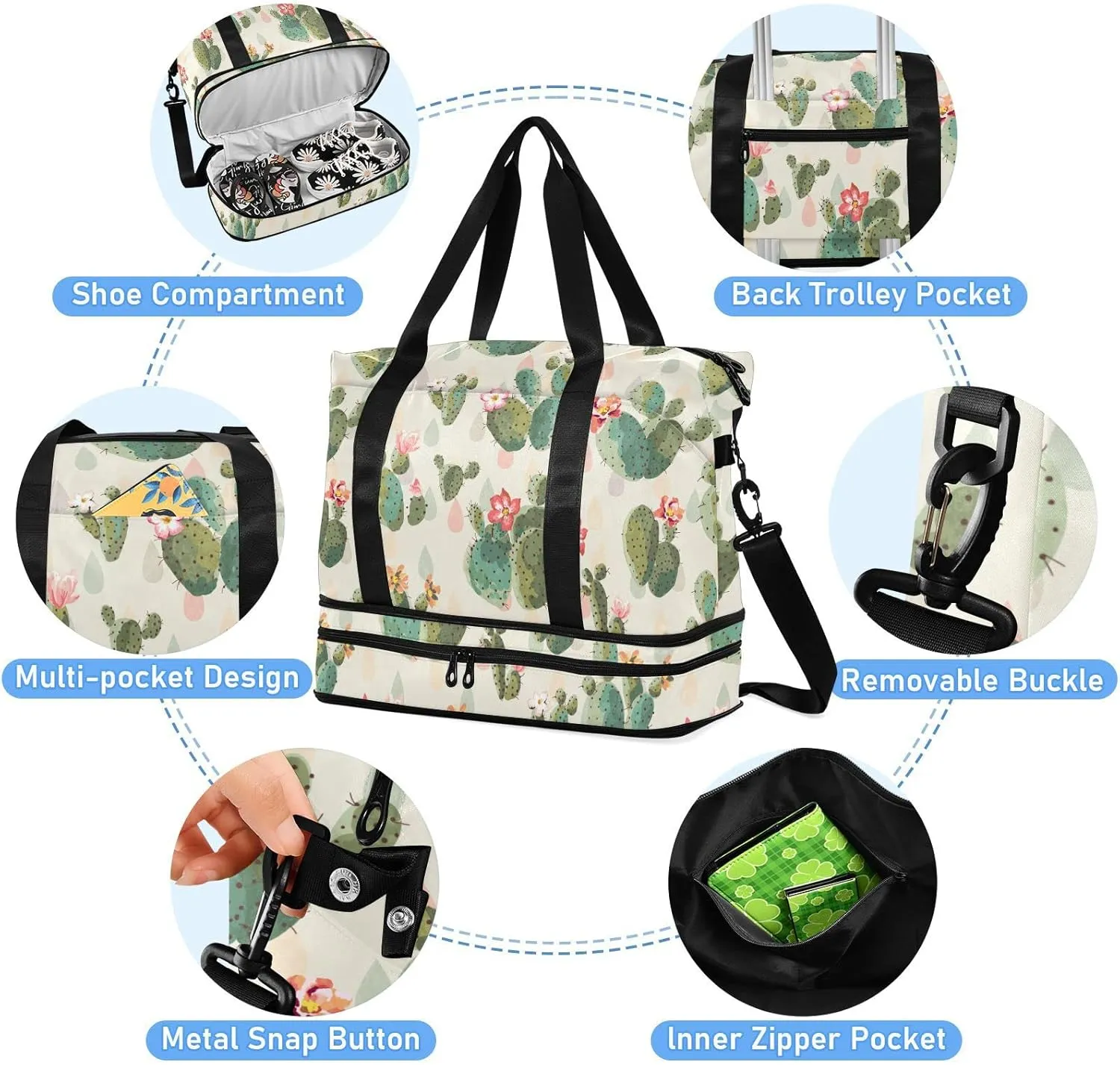 Cactus Flowers Sport Travel Duffel Bag for Women Men Gym Bag with Shoe Compartment Wet Pocket Carry On Weekender Overnight Bags for Travel Hospital Gym