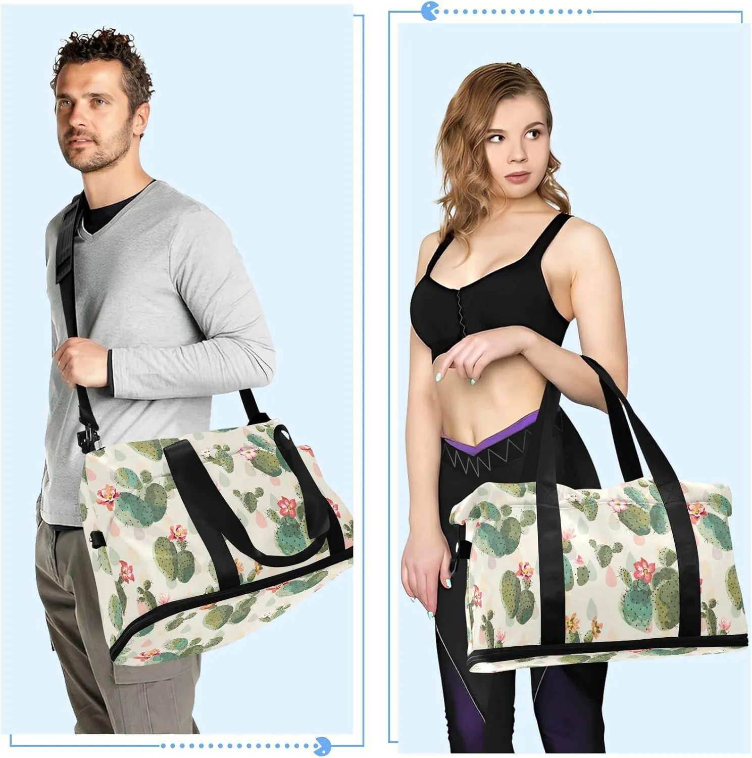 Cactus Flowers Sport Travel Duffel Bag for Women Men Gym Bag with Shoe Compartment Wet Pocket Carry On Weekender Overnight Bags for Travel Hospital Gym