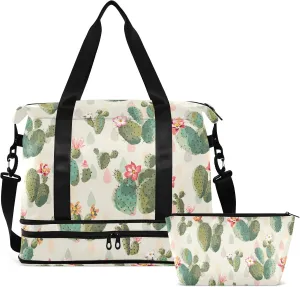Cactus Flowers Sport Travel Duffel Bag for Women Men Gym Bag with Shoe Compartment Wet Pocket Carry On Weekender Overnight Bags for Travel Hospital Gym