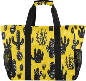 Cactus Succulents Yellow Tote Bag for Women with Zipper Large Beach Bags Foldable Work Bag Handbags Totes for Gym Grocery Pool Travel