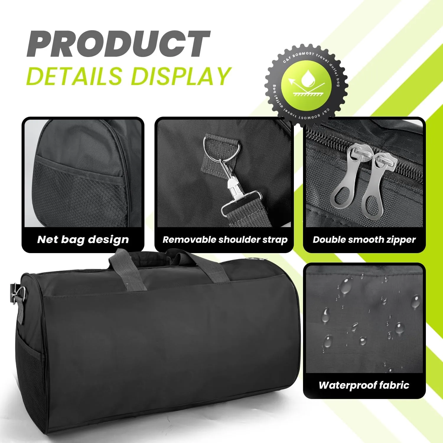 C&F BOGMOST Travel Duffel Bag Large Foldable Waterproof Gym Bag for Gym Beach Swim Bag Men Women Duffle Bag Lightweight Oxford Cloth Sports Bag -Black