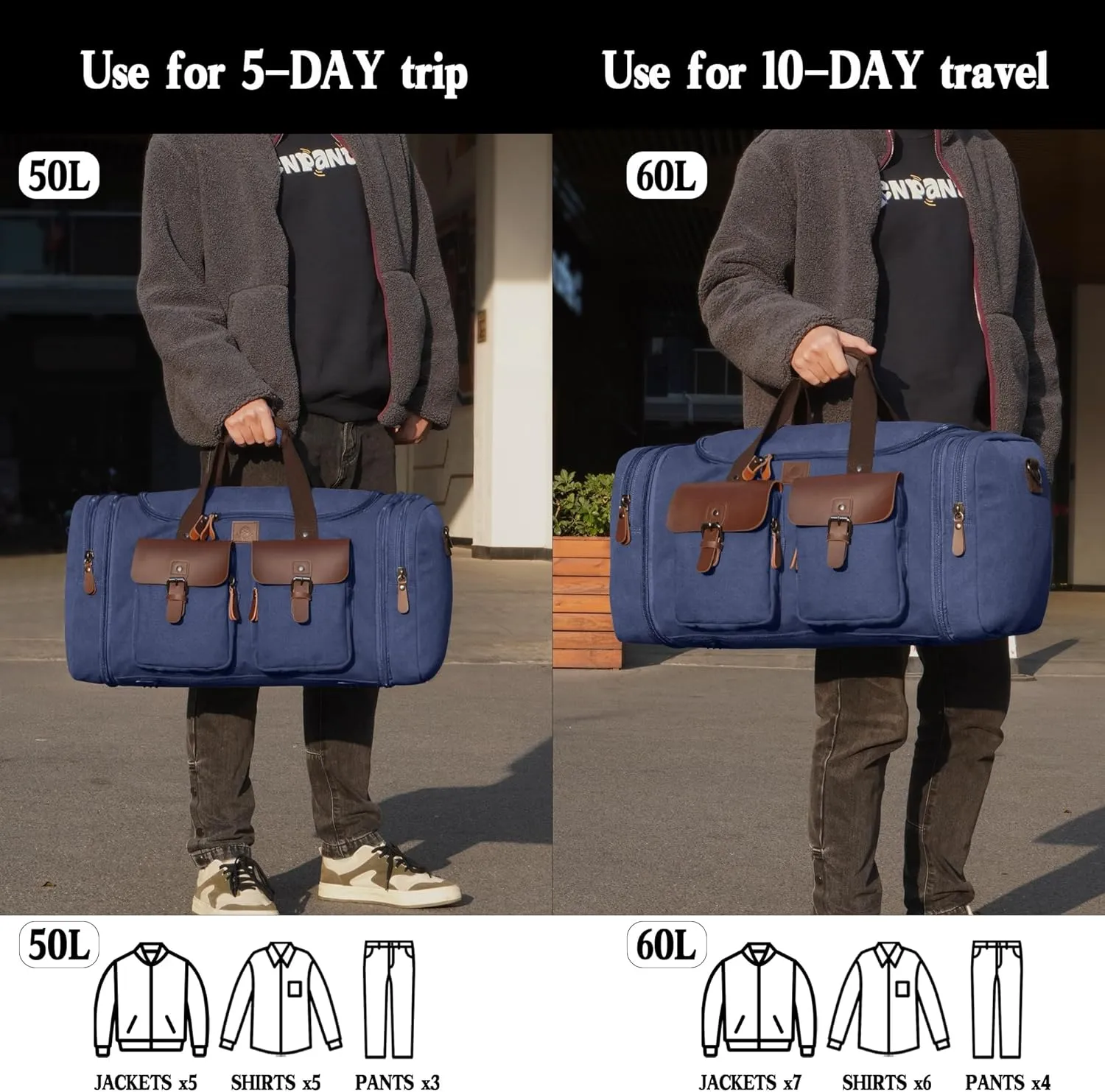 Canvas Duffle Bag for Men 50L Travel Duffel Bags Expandable Genuine Leather Duffel Overnight Weekender Carry On Bag Two Zipper Pockets Travel Bag (Blue, Large-50L)
