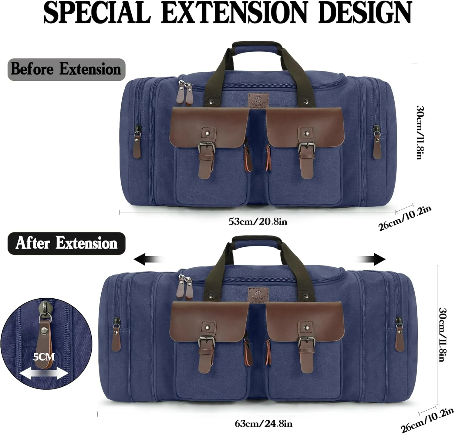 Canvas Duffle Bag for Men 50L Travel Duffel Bags Expandable Genuine Leather Duffel Overnight Weekender Carry On Bag Two Zipper Pockets Travel Bag (Blue, Large-50L)