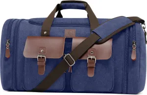 Canvas Duffle Bag for Men 50L Travel Duffel Bags Expandable Genuine Leather Duffel Overnight Weekender Carry On Bag Two Zipper Pockets Travel Bag (Blue, Large-50L)
