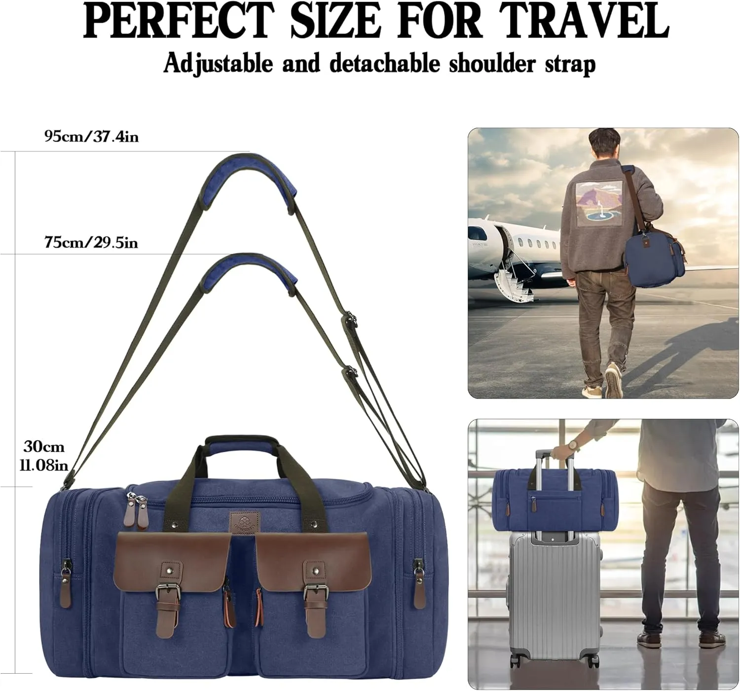 Canvas Duffle Bag for Men 50L Travel Duffel Bags Expandable Genuine Leather Duffel Overnight Weekender Carry On Bag Two Zipper Pockets Travel Bag (Blue, Large-50L)