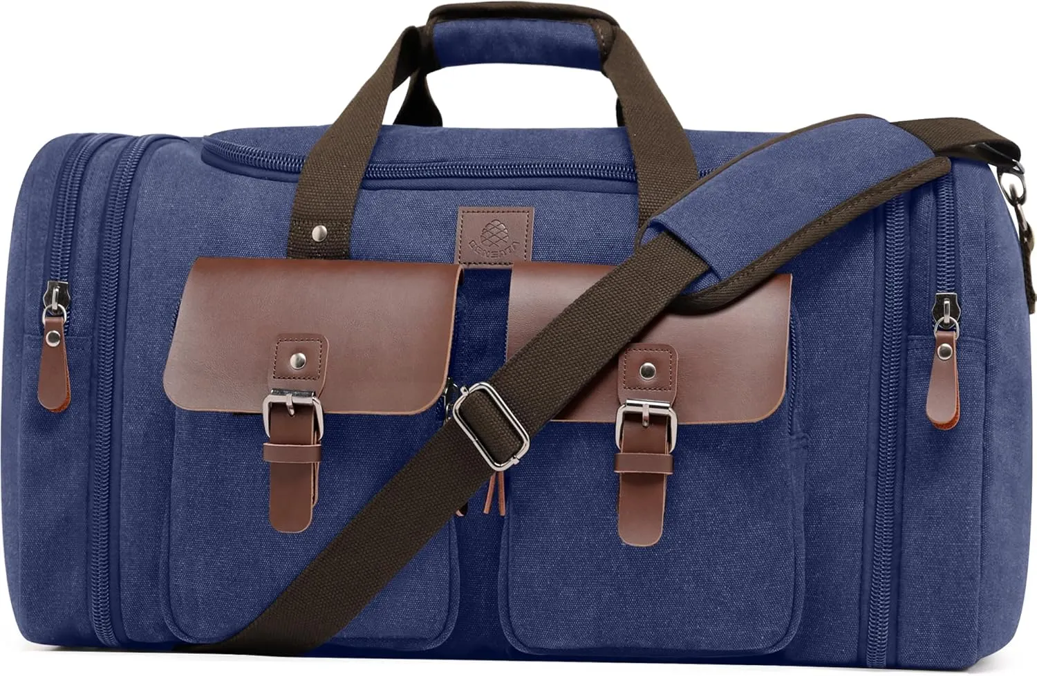 Canvas Duffle Bag for Men 50L Travel Duffel Bags Expandable Genuine Leather Duffel Overnight Weekender Carry On Bag Two Zipper Pockets Travel Bag (Blue, Large-50L)
