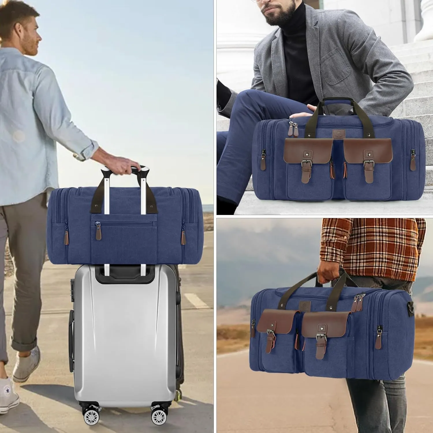 Canvas Duffle Bag for Men 50L Travel Duffel Bags Expandable Genuine Leather Duffel Overnight Weekender Carry On Bag Two Zipper Pockets Travel Bag (Blue, Large-50L)
