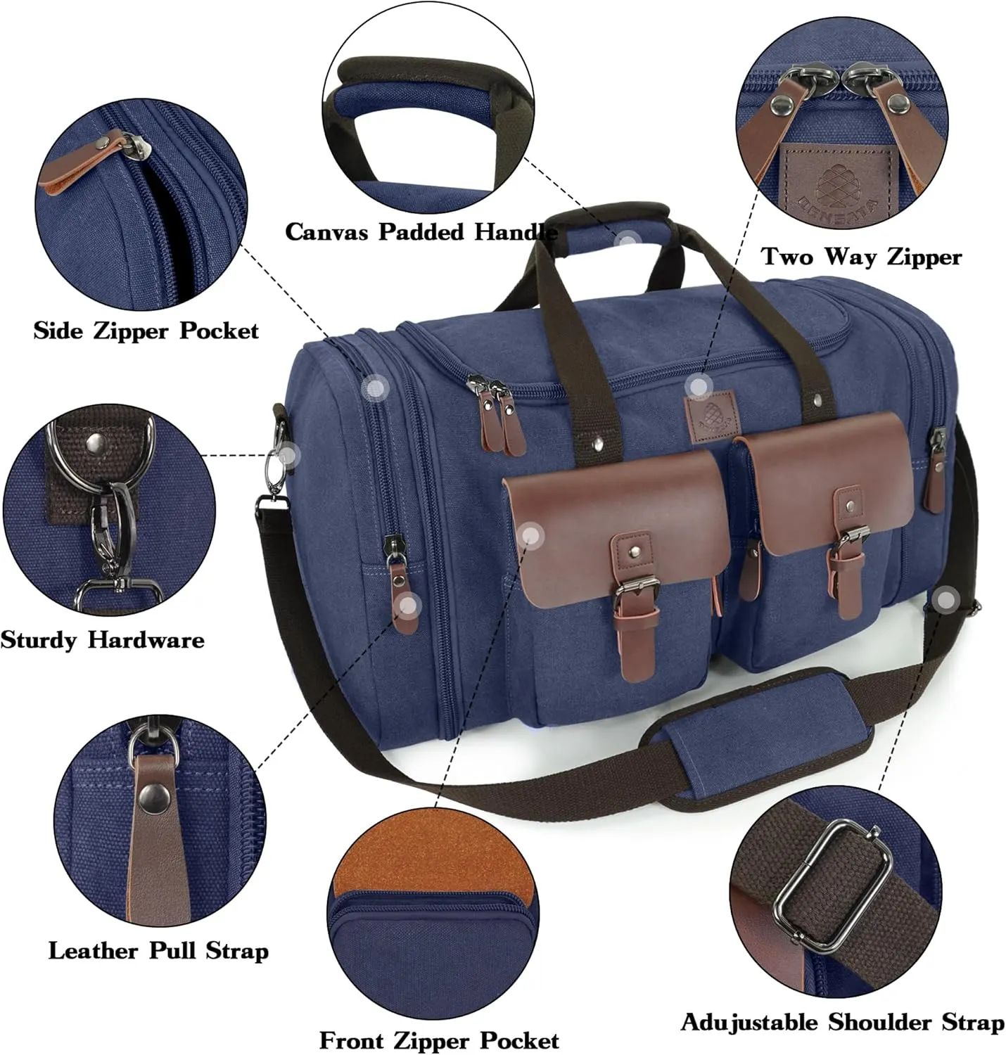 Canvas Duffle Bag for Men 50L Travel Duffel Bags Expandable Genuine Leather Duffel Overnight Weekender Carry On Bag Two Zipper Pockets Travel Bag (Blue, Large-50L)