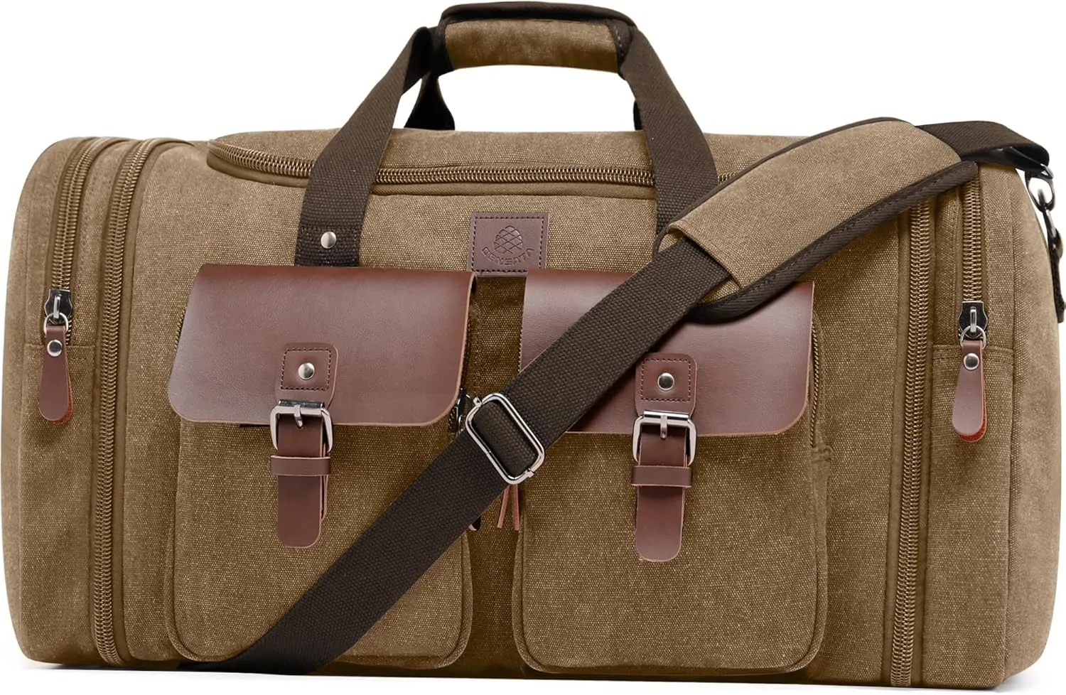 Canvas Duffle Bag for Men 60L Travel Duffel Bags Expandable Genuine Leather Duffel Overnight Weekender Carry On Bag Two Zipper Pockets Travel Bag (Coffee, X Large-60L)