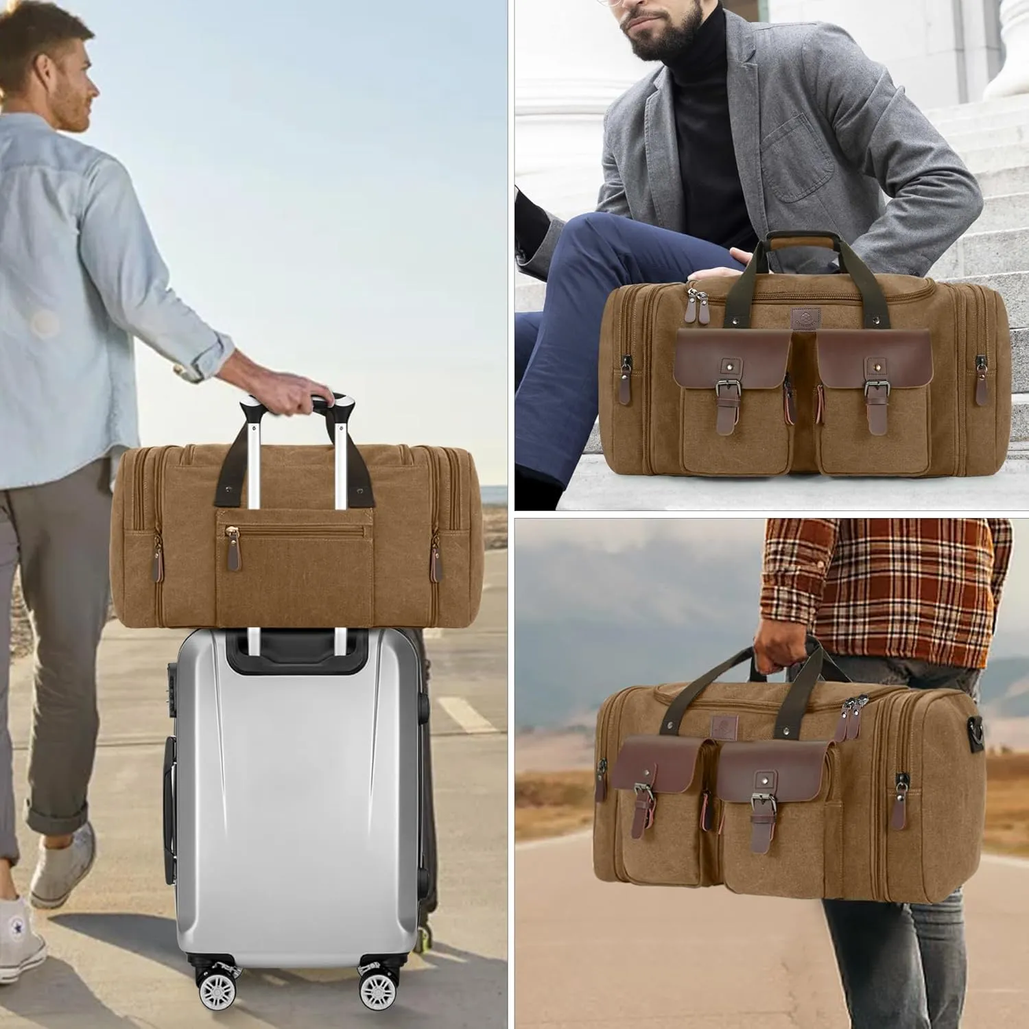Canvas Duffle Bag for Men 60L Travel Duffel Bags Expandable Genuine Leather Duffel Overnight Weekender Carry On Bag Two Zipper Pockets Travel Bag (Coffee, X Large-60L)