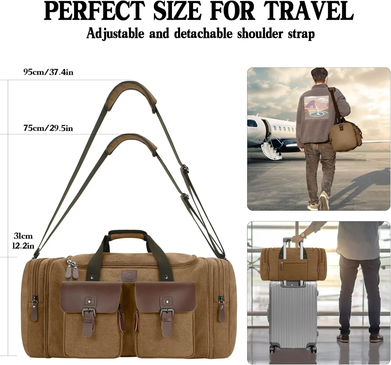 Canvas Duffle Bag for Men 60L Travel Duffel Bags Expandable Genuine Leather Duffel Overnight Weekender Carry On Bag Two Zipper Pockets Travel Bag (Coffee, X Large-60L)